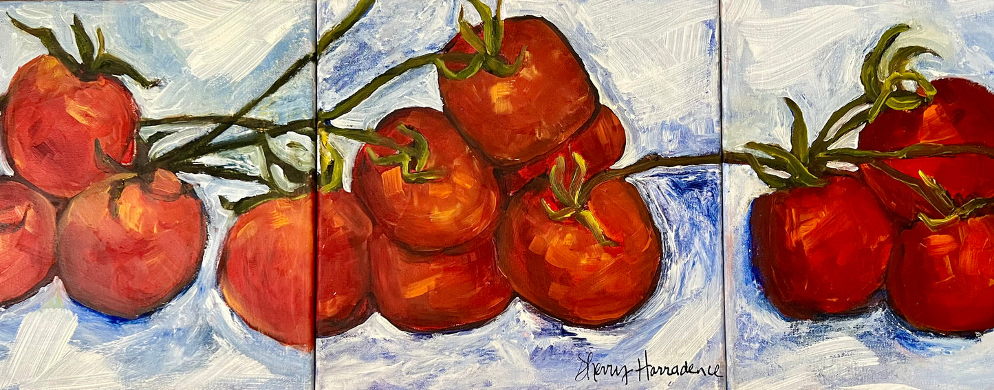 Original fine art painting titled "Ripe on the Vine" featuring warm, sunlit colors and fruit on the vine. Symbolizes spiritual growth, abundance, and the beauty of divine timing. Ripe On The Vine (3 pc.)